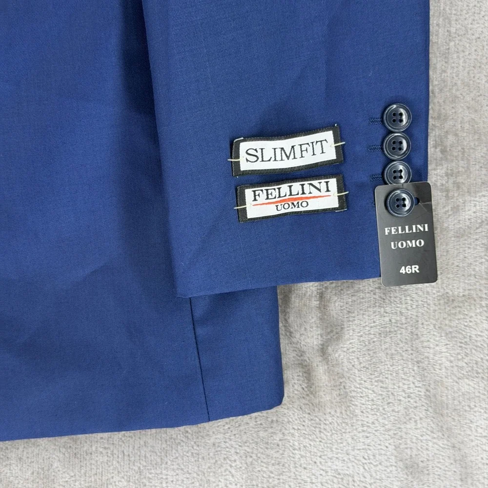 Fellini Uomo Mens Slim Fit Blazer Blue Super 140s Two Button Jacket 46R New